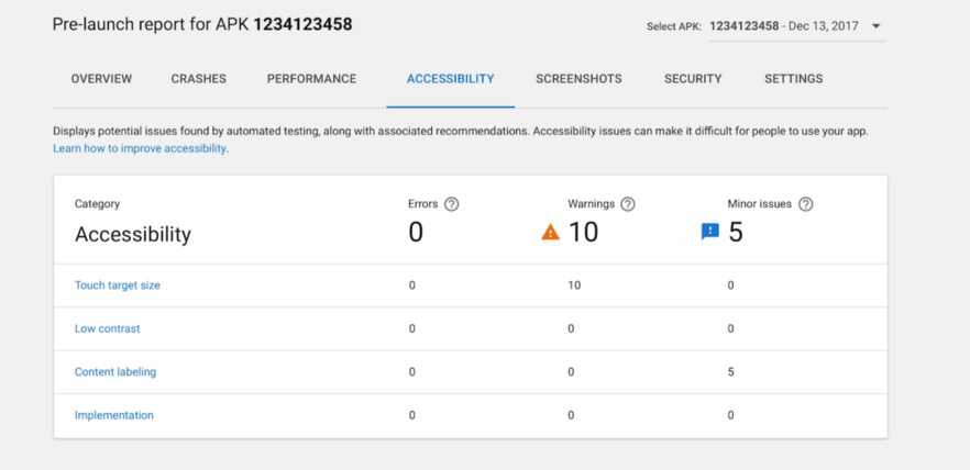 screenshot showing accessibility report, on developer console