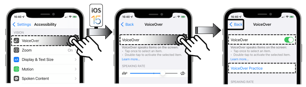 On iOS 15: activate Voice Over from the Settings-Accessibility-Voice Over menu