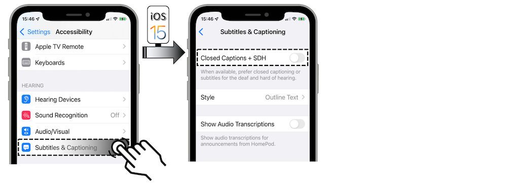 Access illustration via Settings - Accessibility - Subtitles & Captioning