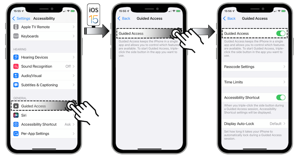 Access illustration via Settings - Accessibility - Guided Access - Guided Access