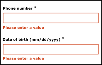 screenshot of a form displaying irrelevant error messages