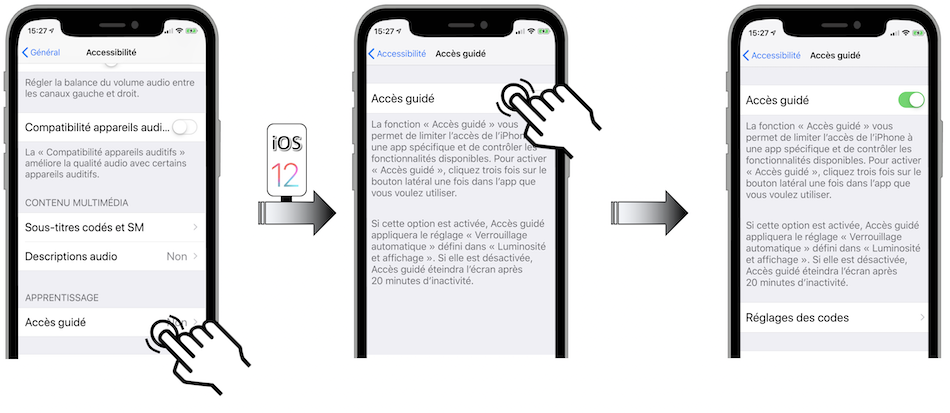 Illustration d'accès via le menu Réglages - Général - Accessibilité - Accès guidé - Accès guidé