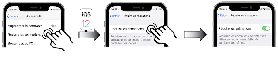 Illustration d'accès via le menu Réglages - Général - Accessibilité - Réduire les animations