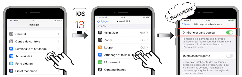 Illustration d'accès via le menu Réglages - Accessibilité - Affichage et taille du texte - Différencier sans couleur
