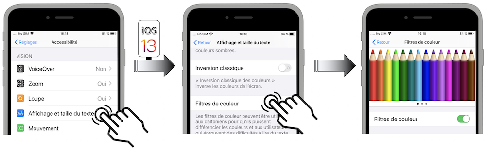 Illustration d'accès via le menu Réglages - Accessibilité - Affichage et taille du texte - Filtres de couleur