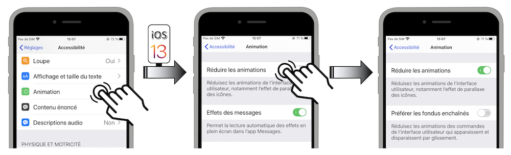 Illustration d'accès via le menu Réglages - Accessibilité - Animation - Réduire les animations