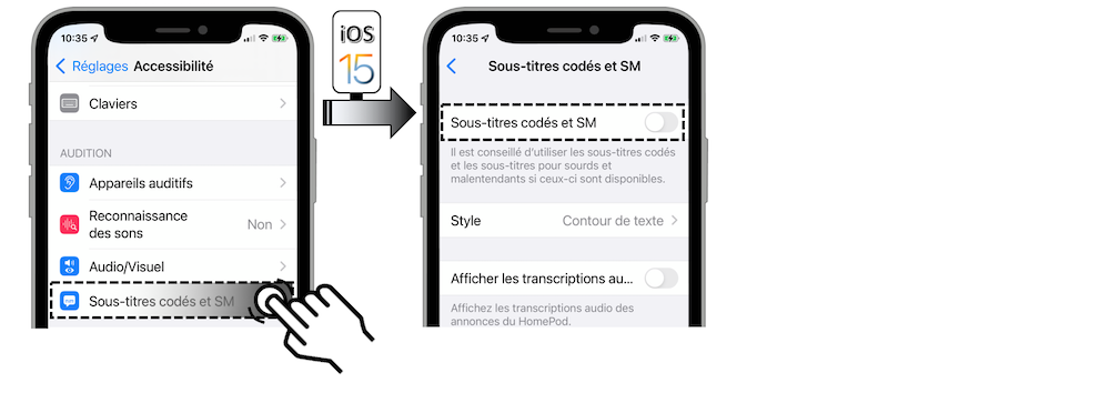 Illustration d'accès via le menu Réglages - Accessibilité - Sous-titres codés et SM