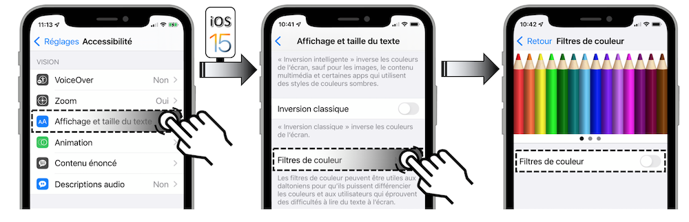 Illustration d'accès via le menu Réglages - Accessibilité - Affichage et taille du texte - Filtres de couleur