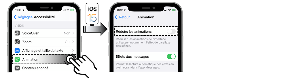 Illustration d'accès via le menu Réglages - Accessibilité - Animation - Réduire les animations