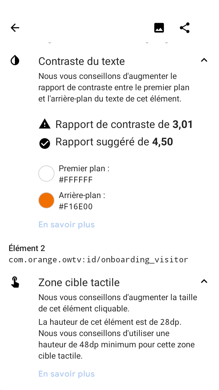 capture d’écran présentant le rapport de l'outil Accessibility Scanner